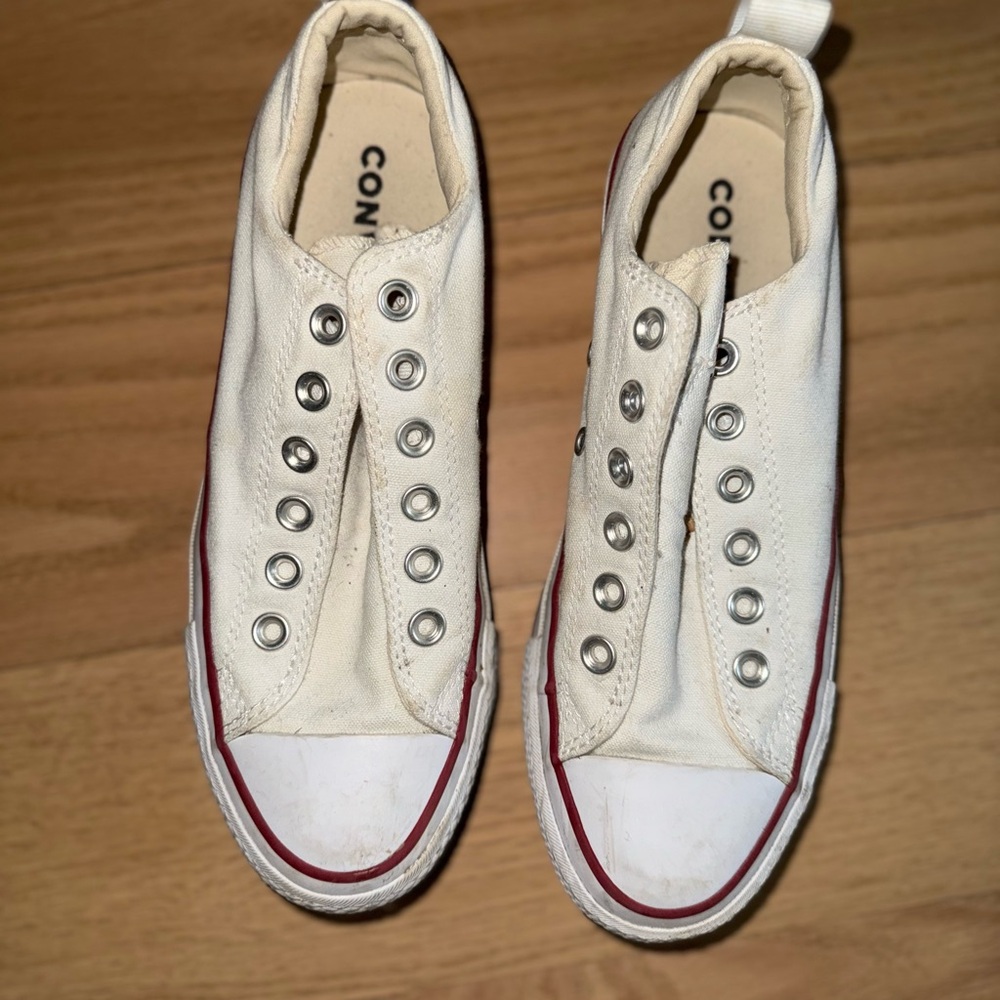 Converse White Canvas Low-Top Sneakers with Red Stripe